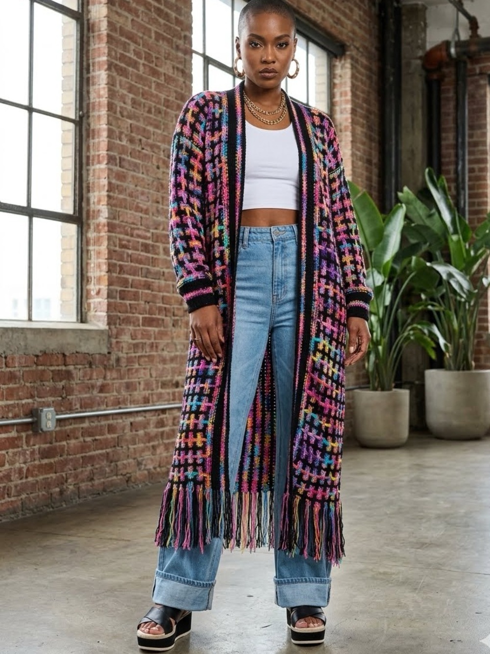 Long Open-Front Multicolor Fringe Cardigan